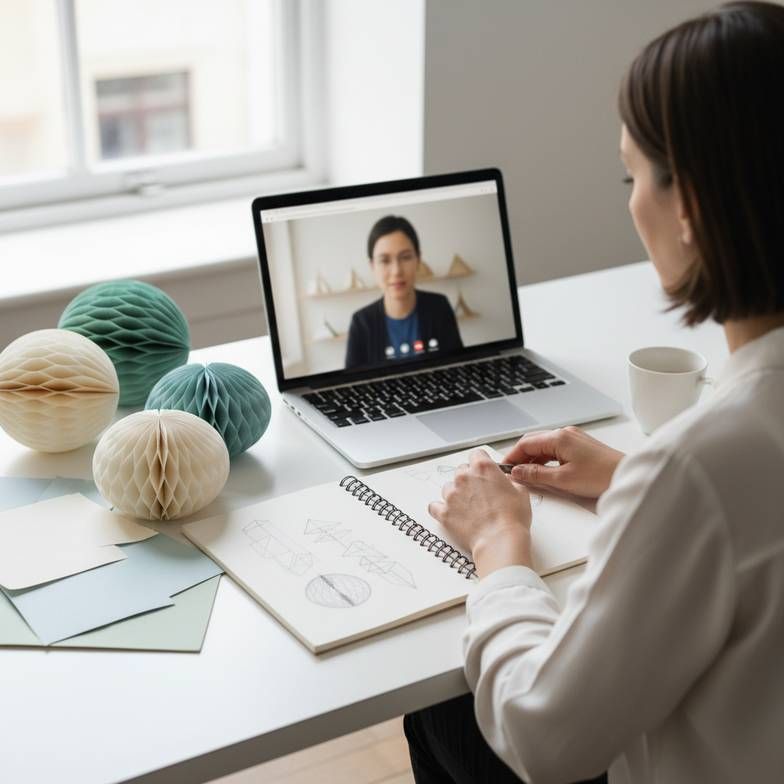 A visual merchandiser discussing a store window plan with a supplier over a video call