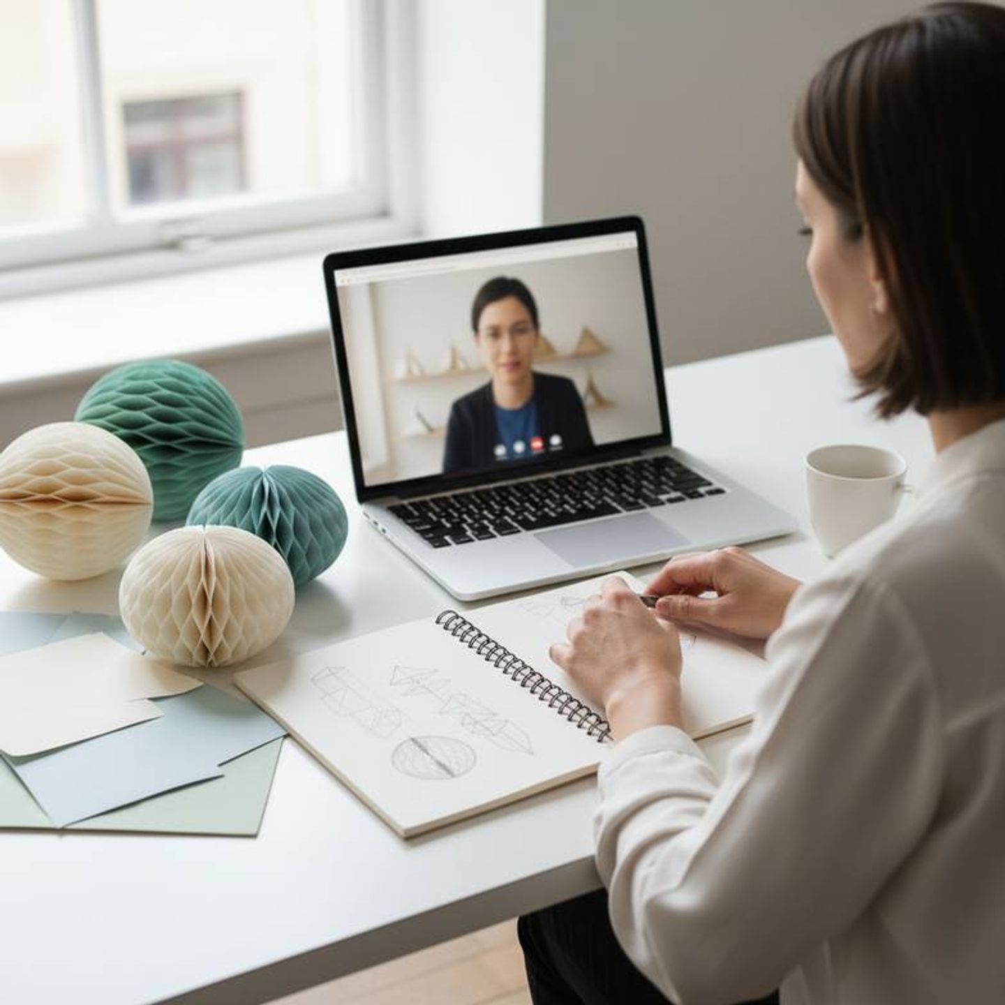 A visual merchandiser discussing a store window plan with a supplier over a video call