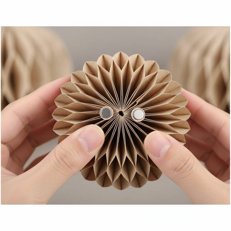 Close-up of a hand testing the magnetic closure of a honeycomb paper decoration sample