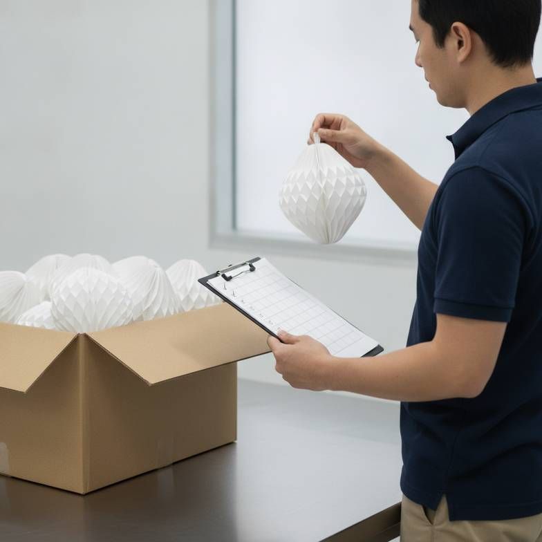 A sourcing manager using a checklist to inspect private label honeycomb paper decorations before shipping