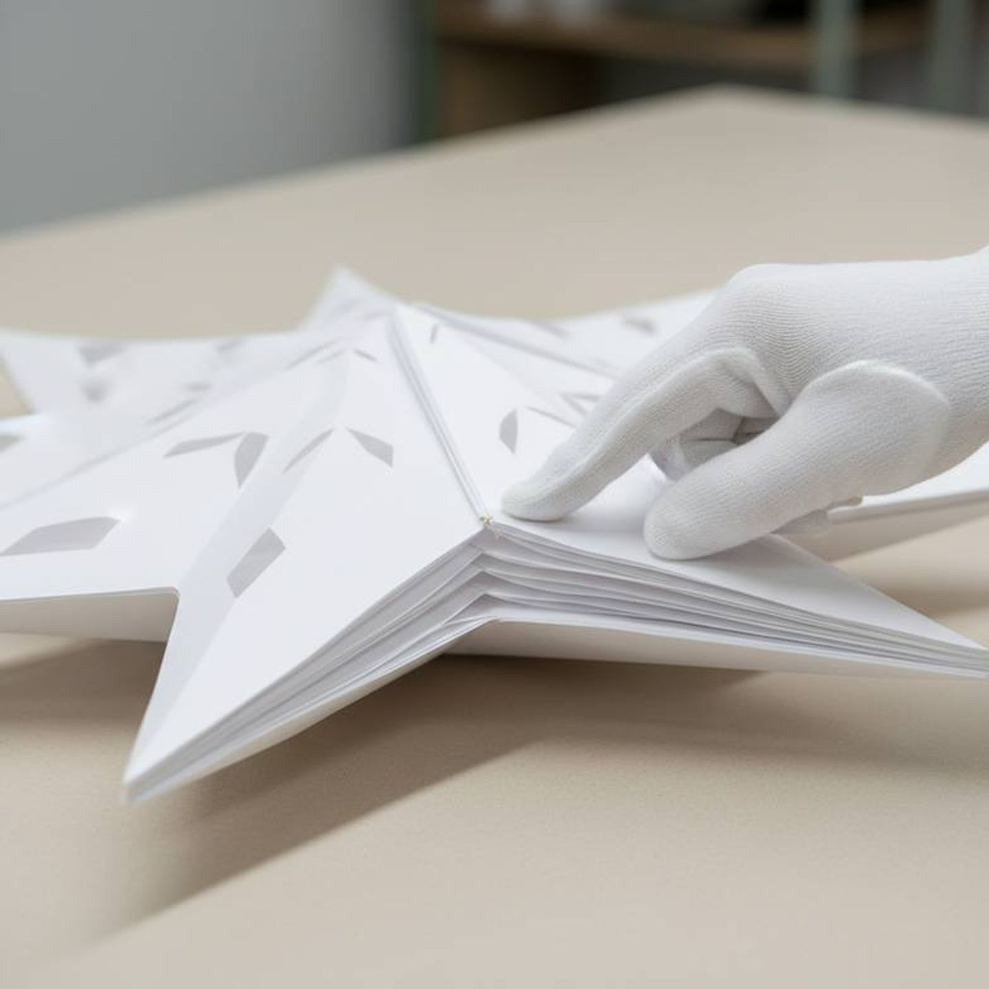 An inspector closely examining a production sample of a large honeycomb paper star, checking the glue lines and paper quality for a wholesale order.