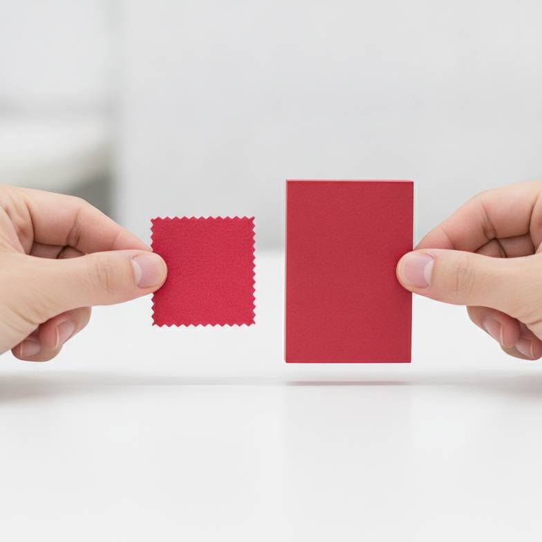 A production manager comparing a lab dip swatch to a master color standard for paper decoration color matching