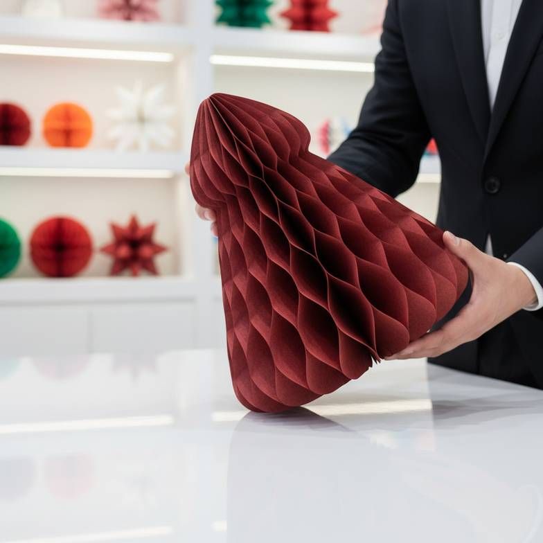 A buyer carefully examining a large red honeycomb paper decoration in a manufacturer's showroom.