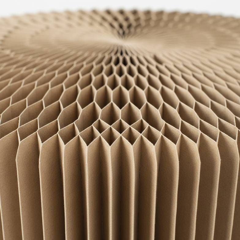 A close-up shot showing the internal honeycomb structure of a paper stool, highlighting the hexagonal cells.
