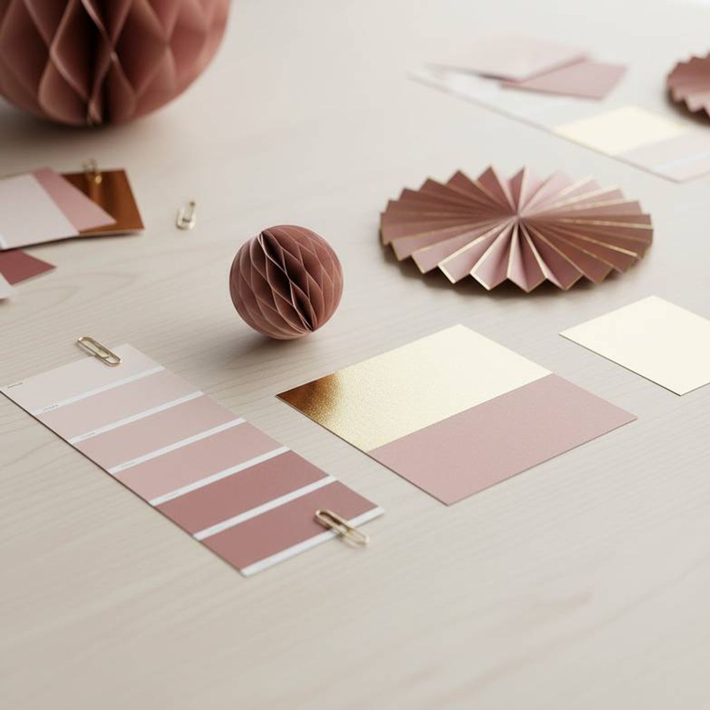 A mood board showing a coordinated seasonal collection with honeycomb balls, fans, and tabletop trees in matching colors