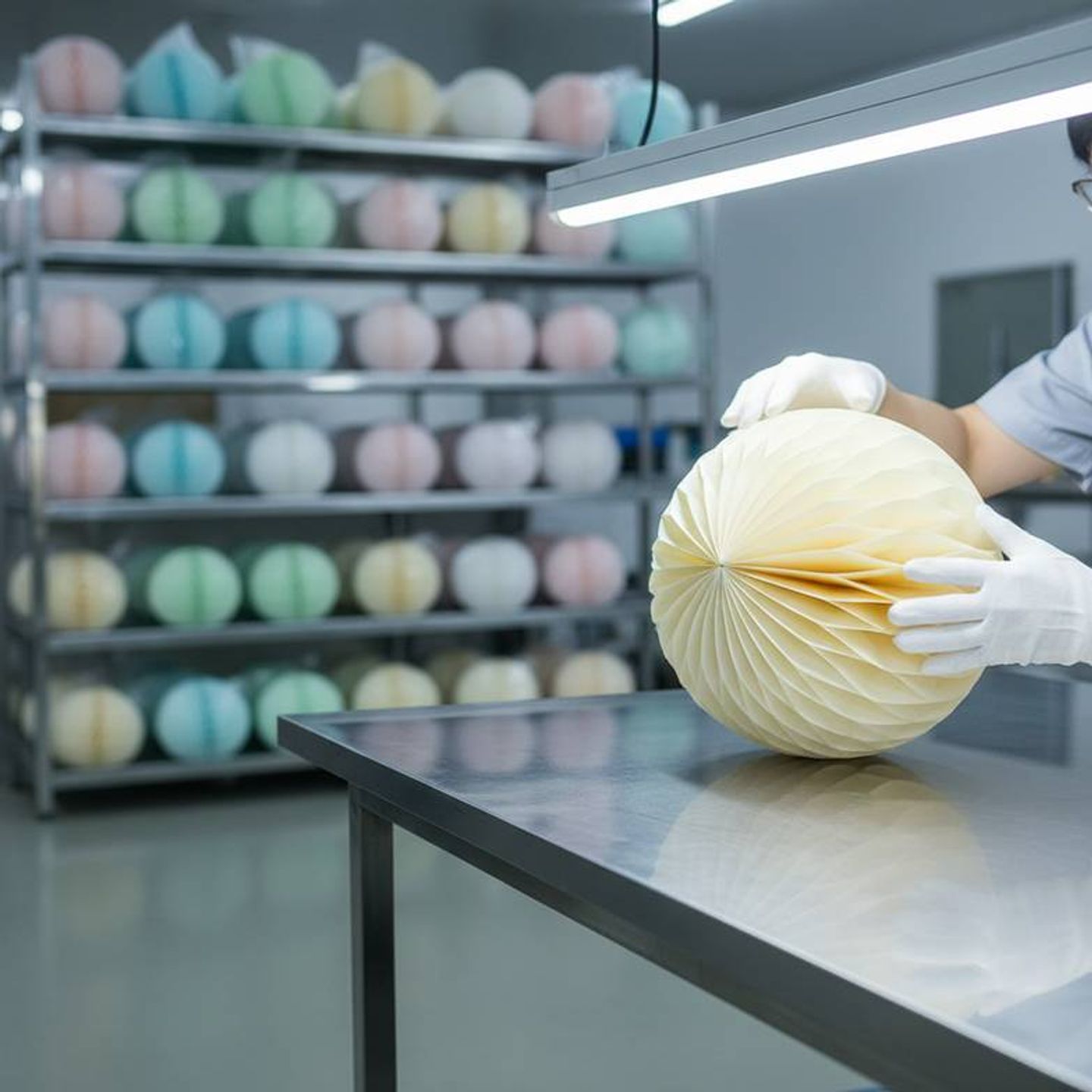 A quality control inspector checking honeycomb paper decorations on a production line.