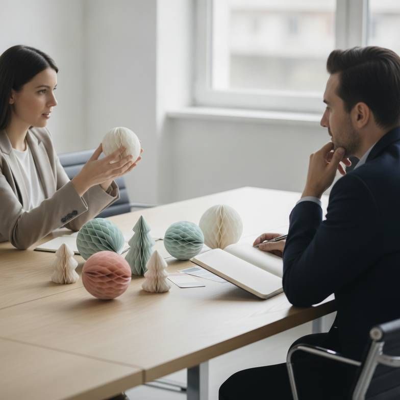 A retail buyer in a meeting, discussing a seasonal decoration assortment with a supplier who is taking notes.