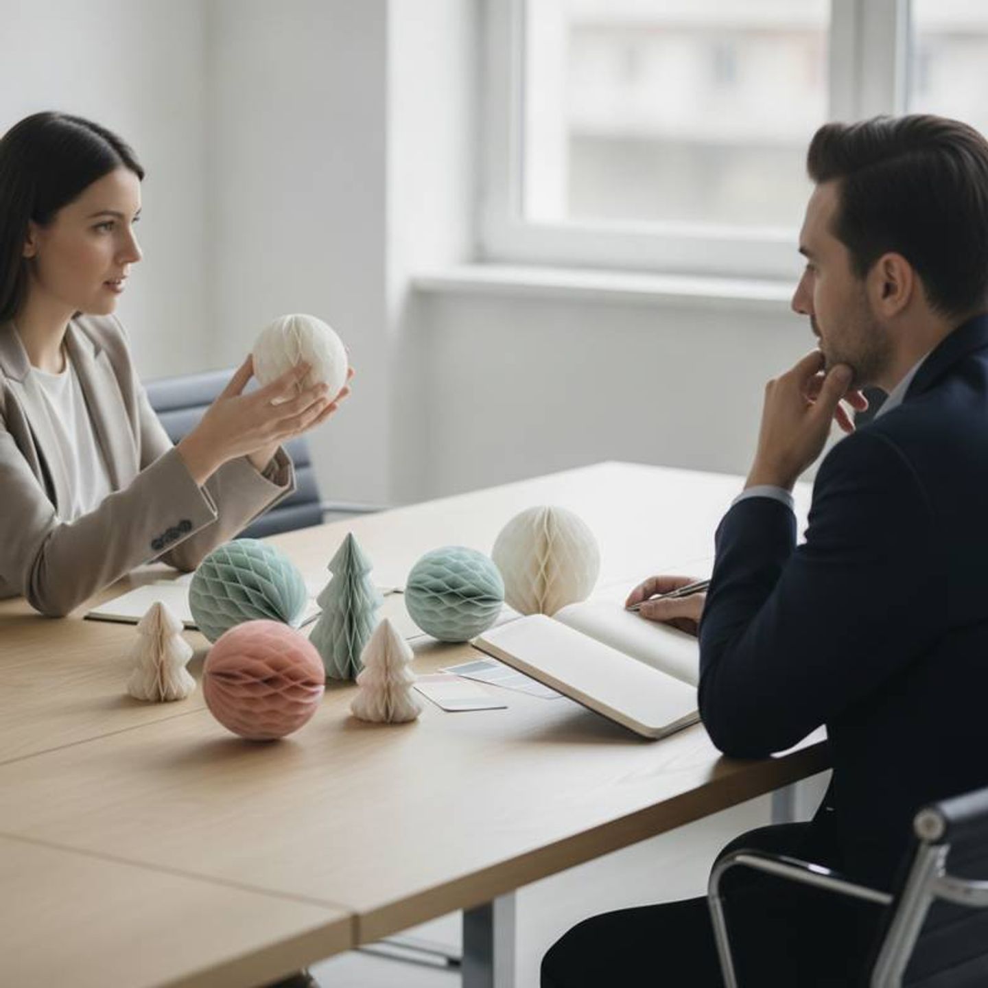 A retail buyer in a meeting, discussing a seasonal decoration assortment with a supplier who is taking notes.