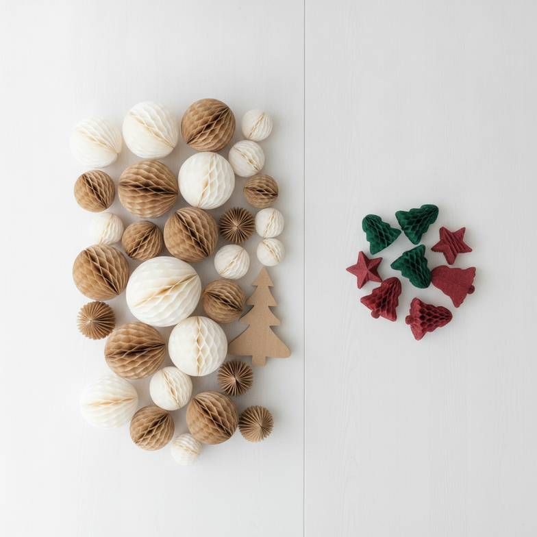Planning a seasonal decoration assortment on a table with a mix of core neutral-colored and seasonal-specific items.