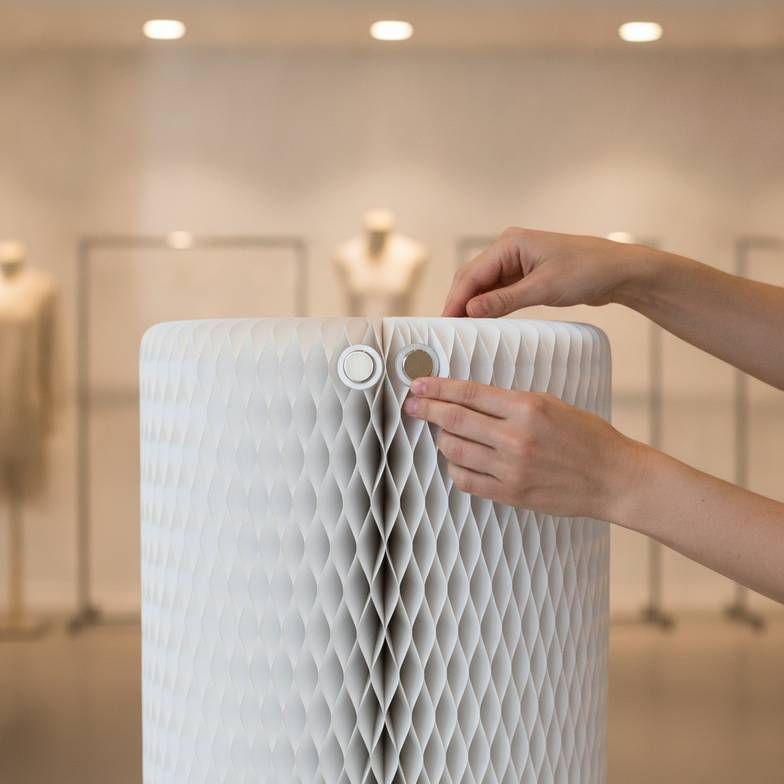 A person easily assembling a foldable honeycomb paper stool for a pop-up shop.