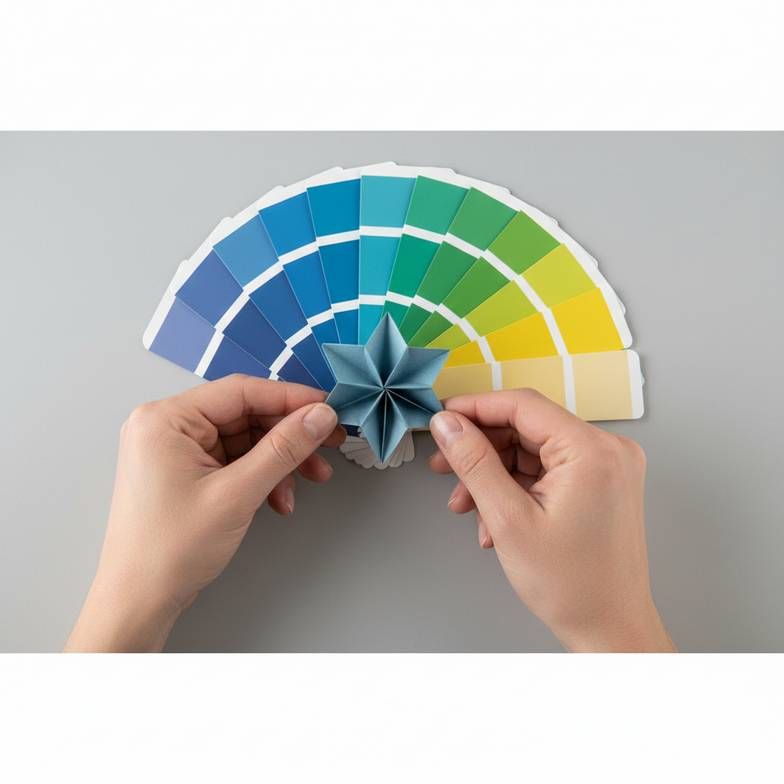 A person comparing several paper color swatches to ensure consistency for a Ramadan honeycomb decorations wholesale order.