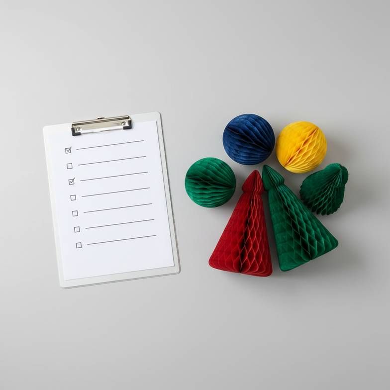 A close-up of a buyer's checklist next to colorful honeycomb paper decorations.