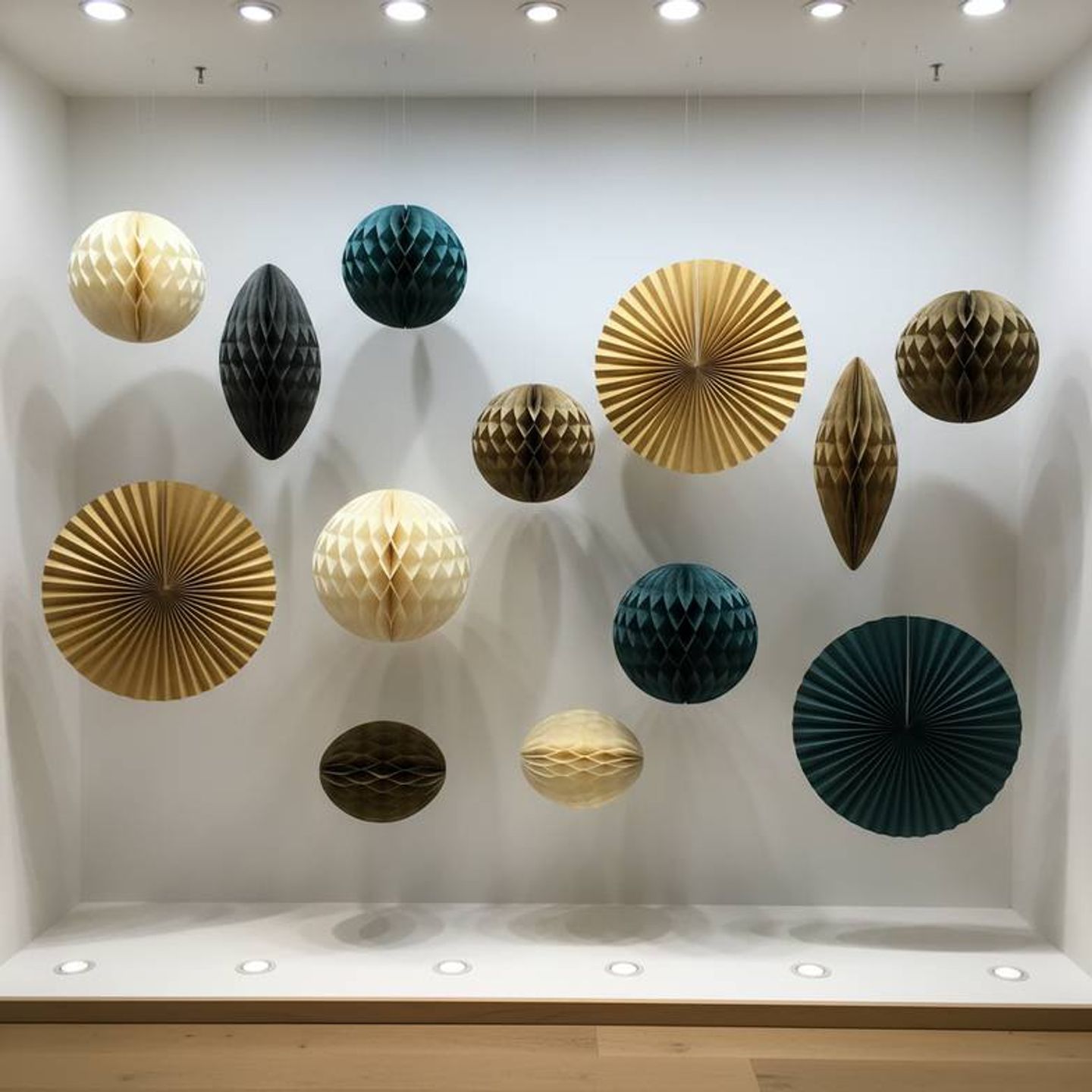 A retail store display featuring reusable honeycomb paper decorations