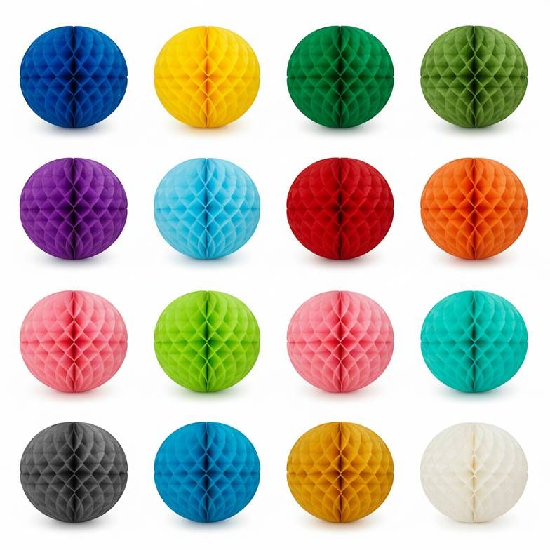 A collection of honeycomb paper shapes in various custom Pantone colors.
