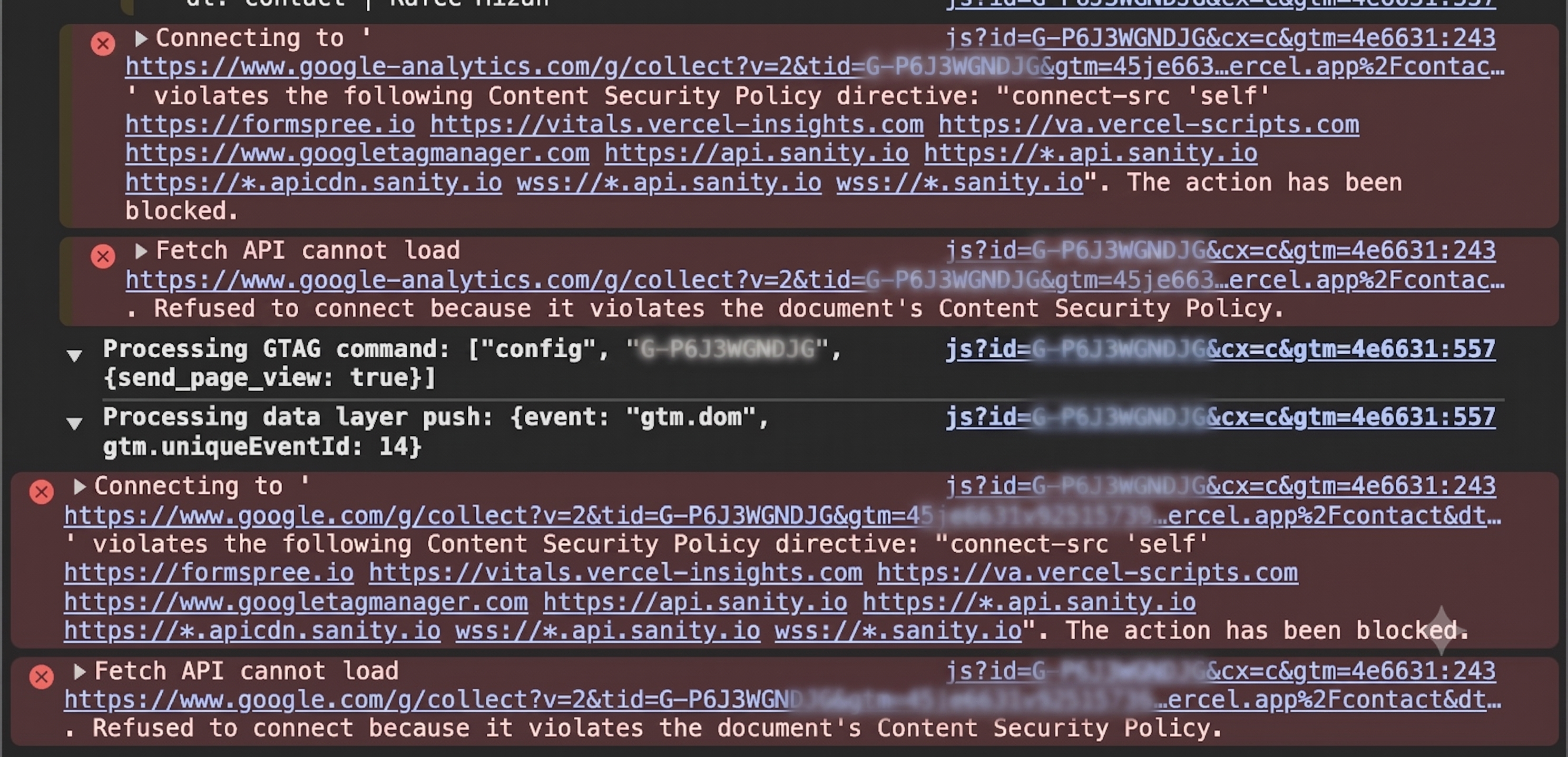 Showing the console log where it shows the issue