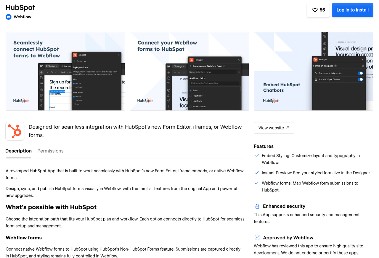The HubSpot app in the Webflow Marketplace: embed HubSpot forms or send Webflow forms to HubSpot (source: webflow.com/apps/detail/hubspot, as of October 20, 2026).