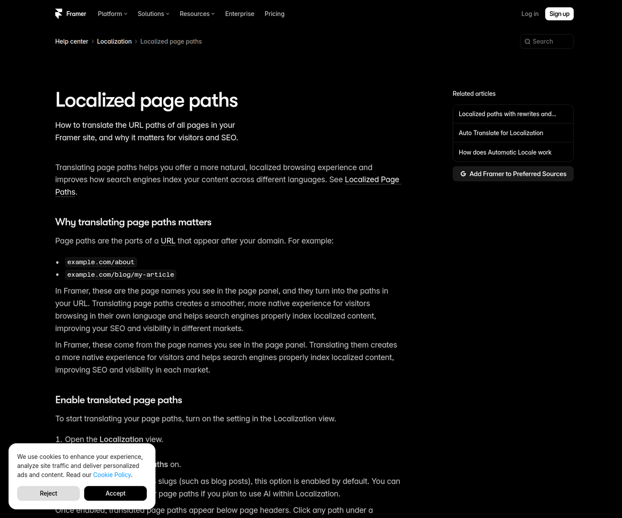 Screenshot aus dem Framer Help Center: Seitenpfade pro Sprache übersetzen (Stand 20.10.2026)