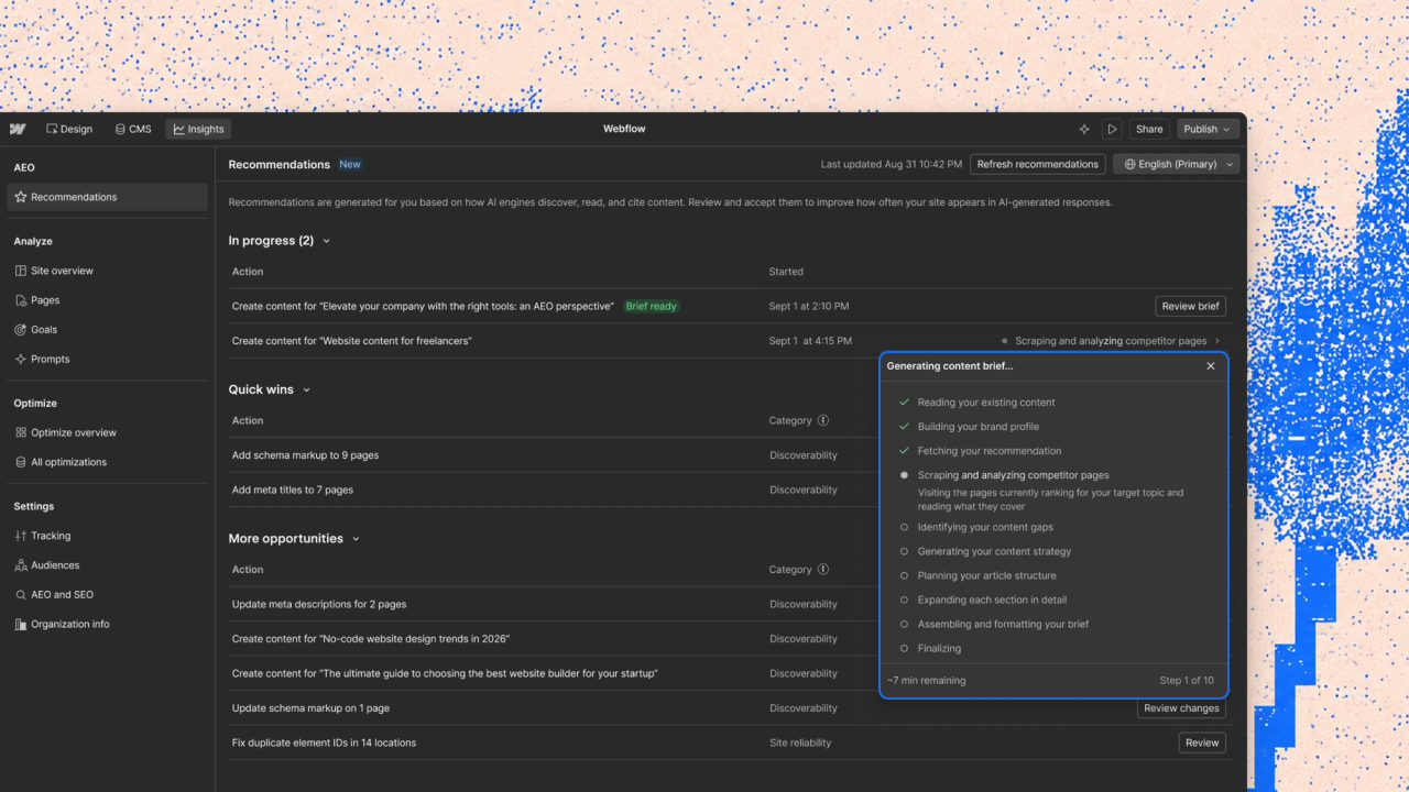 Webflow AEO: Analyse und Optimierung der Sichtbarkeit in AI-Suchmaschinen.