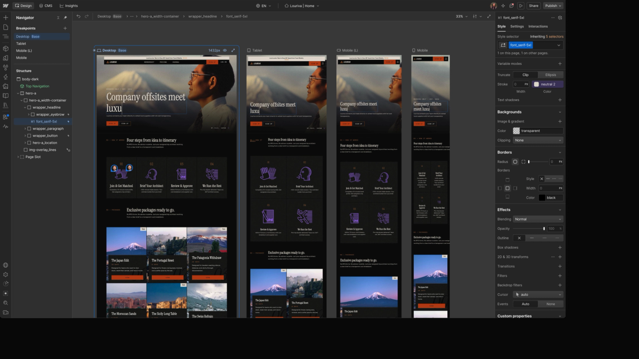 Desktop-, Tablet- und Mobile-Breakpoints im Webflow Canvas gleichzeitig bearbeiten.