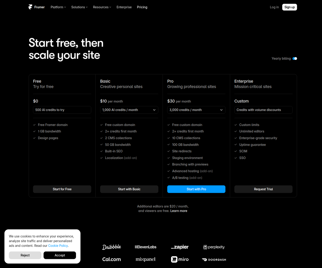 Screenshot der Framer-Preisseite: Basic für 10 USD und Pro für 30 USD im Monat, weitere Editoren für 20 USD (Stand 20.10.2026)