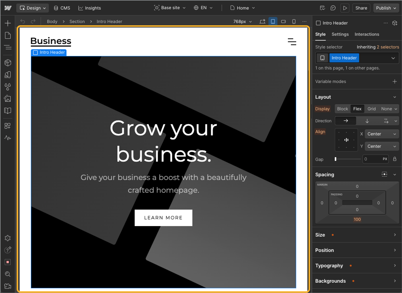 Webflow's visual editor with a demo website on the canvas and layout settings on the right