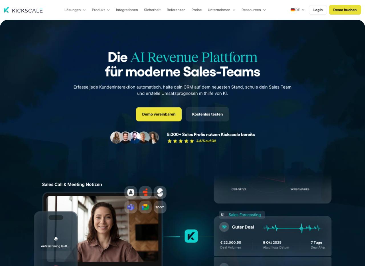 Kickscale: platform website with product areas, role-specific solutions and integrations.