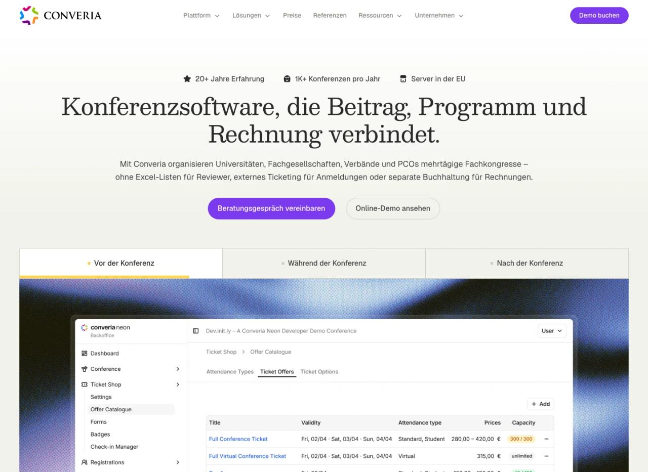 Converia: the new website with feature and audience-specific sections. Screenshot taken on 16 September 2026.