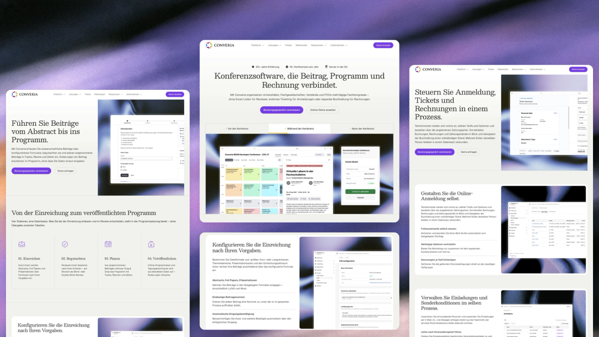 Views of the new Converia website: homepage, submissions and participant registration