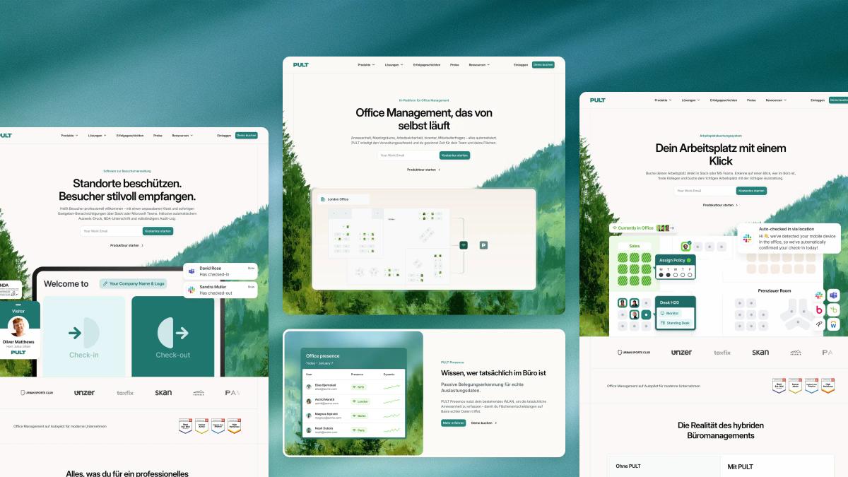 PULT-Startseite, Besuchermanagement und Arbeitsplatzbuchung auf grünem Hintergrund