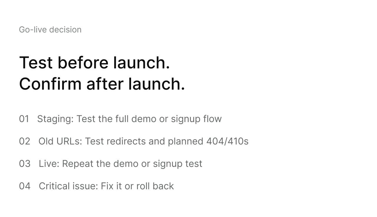 Go-live decision: test on staging, check old URLs and confirm functionality again after launch.