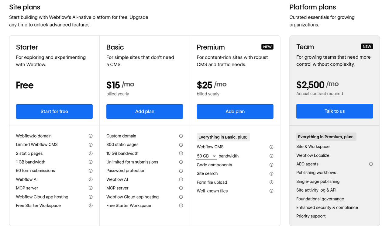 Screenshot der Webflow-Preisseite: Links die Site-Pläne, rechts führt Webflow den Team-Plan separat als Platform-Plan (Stand 16.10.2026).