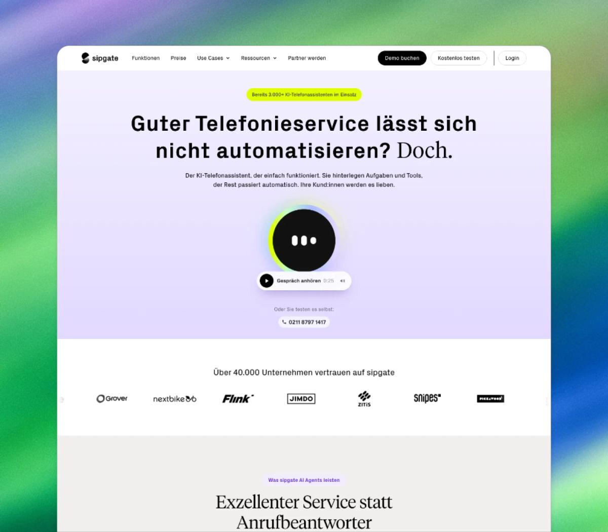 sipgate AI Website mit Hörprobe im Hero