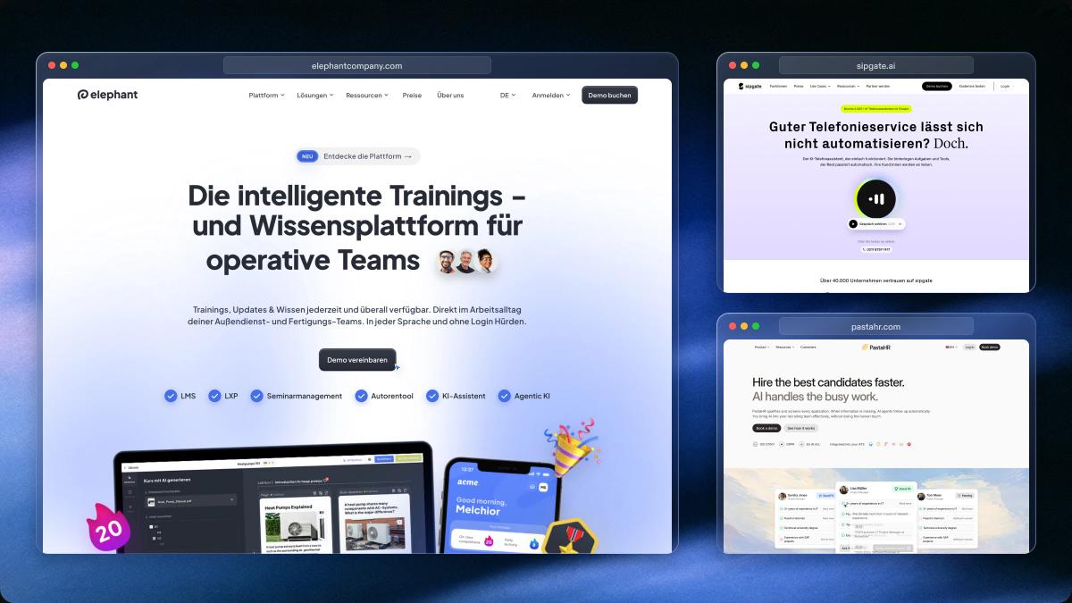 Website-Beispiele von Elephant, sipgate AI und PastaHR auf blauem Hintergrund