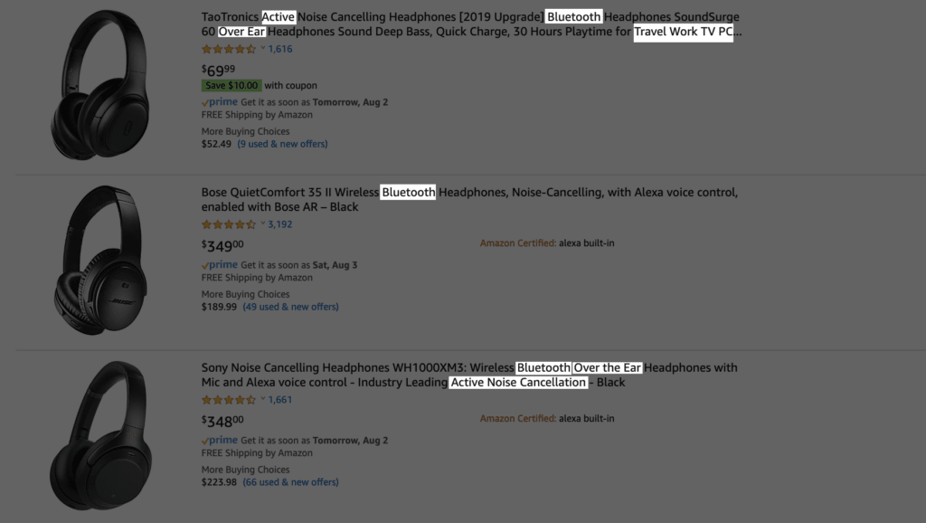 Examples of semantic keywords in Amazon search results of noise cancelling headphones