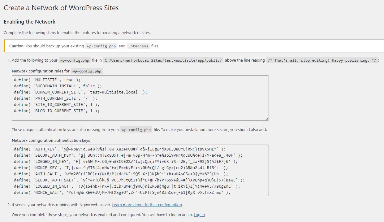 Copy these code snippets to the specified files to complete the multisite network setup.