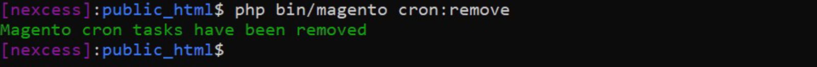 Screenshot of the CLI showing the output of the Magento cron remove command.