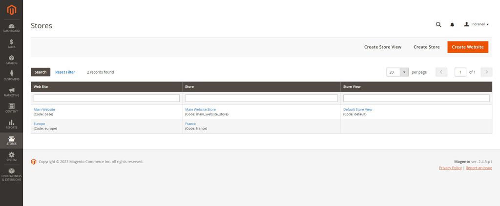 Screenshot of Magento's multi-store management admin page.