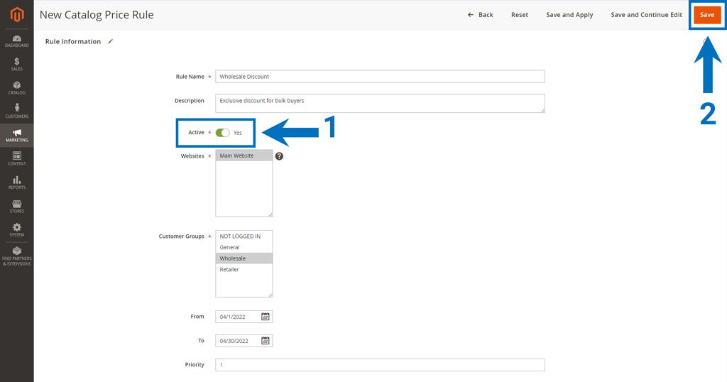 Save catalog price rule in Magento 2.