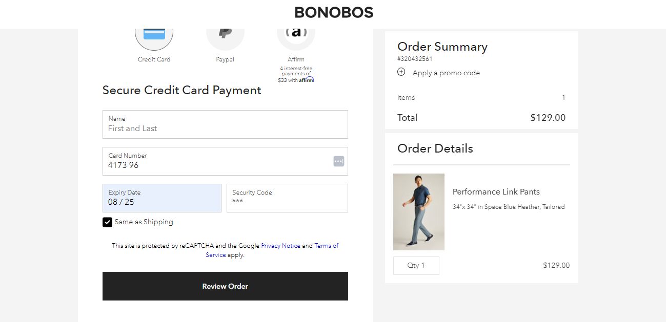 Bonobos automatically inserts spaces as customers type in credit card numbers.