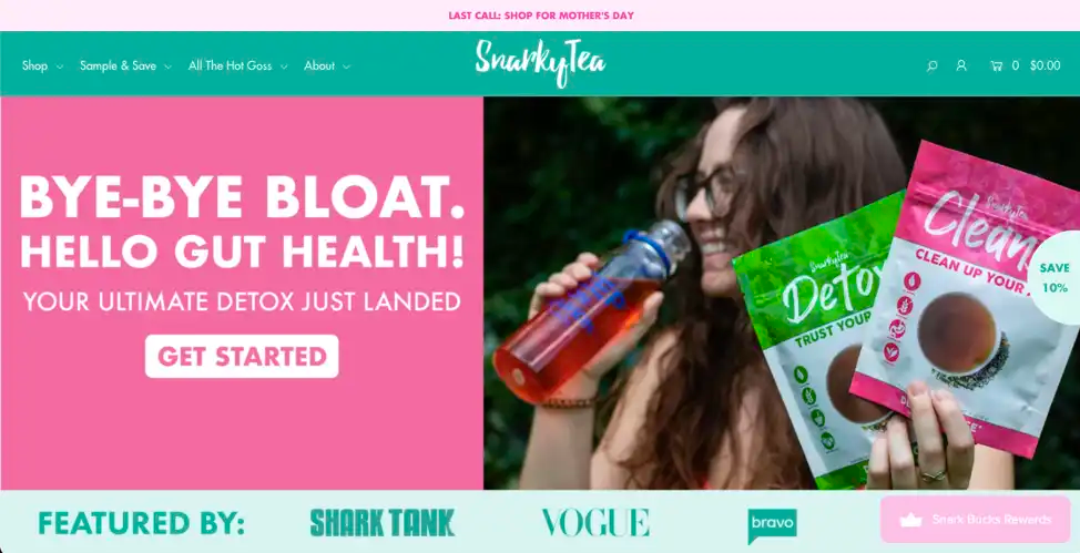 ecommerce website example of Snarky Tea, featuring bold colors, mixed typography and mentions of their media attention from TV and magazines