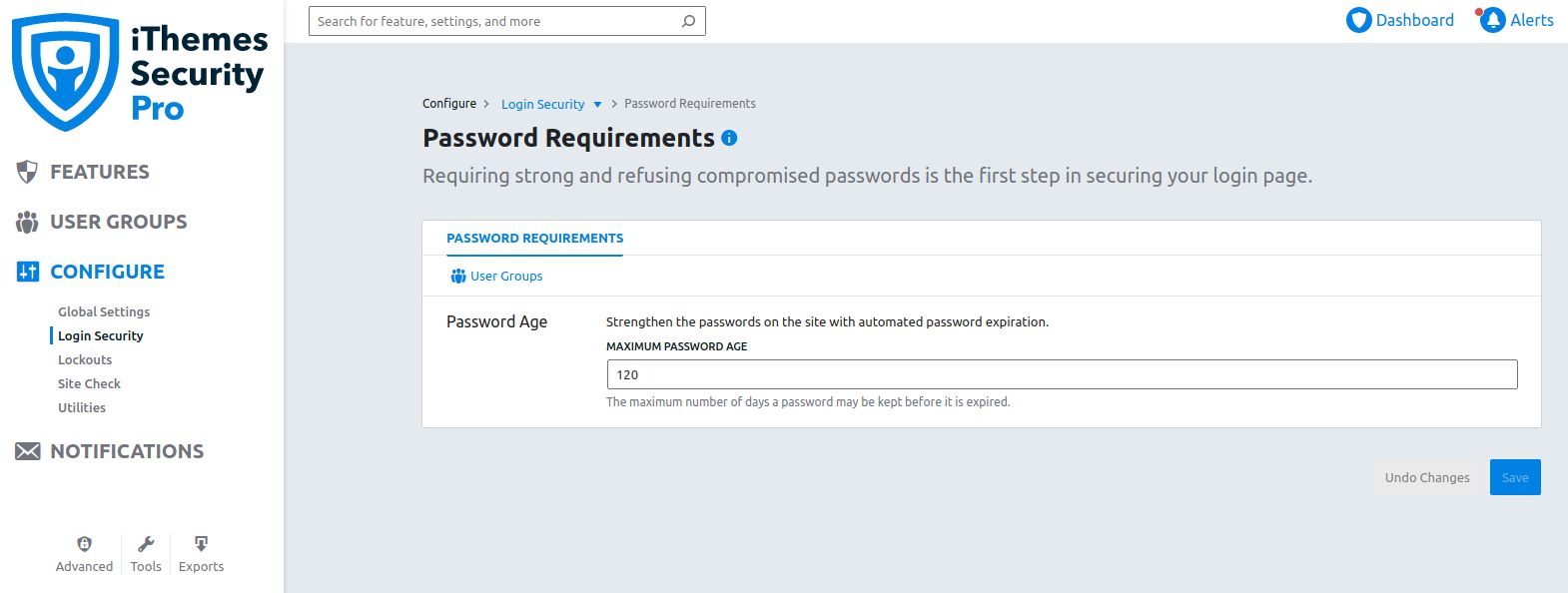 Choose the Configure tab from the plugin’s vertical settings menu and navigate to Login security. Here, you can configure the Password age, which defines the password expiration policy. By default, it is set to 120 days.