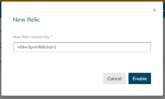 Add the New Relic license key in the popup window and click the Enable button again to save it.