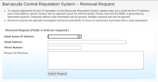 Barracuda Central Reputation System form