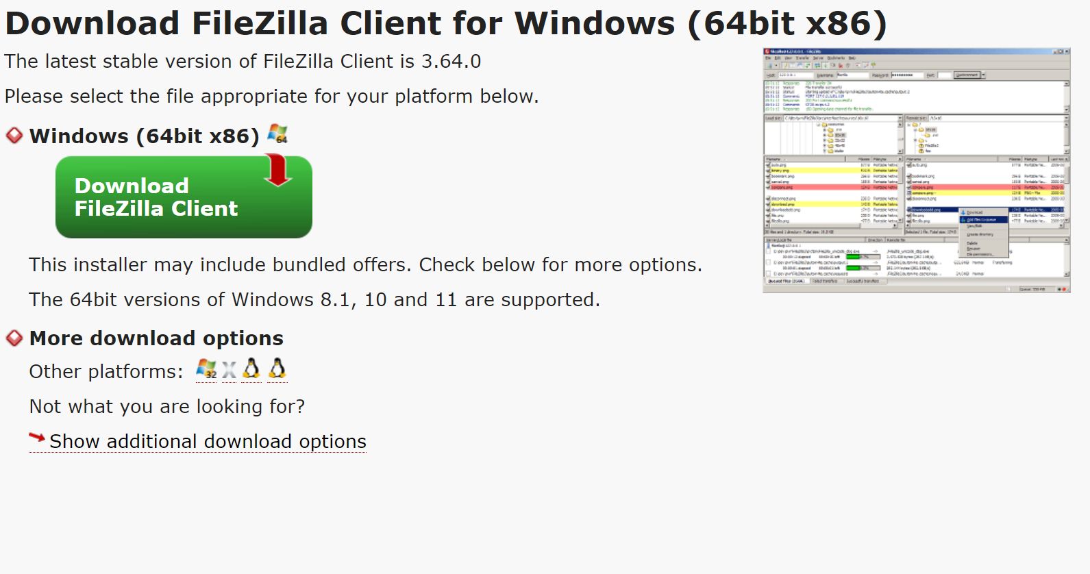 Before downloading FileZilla, you’re given options for various operating systems.