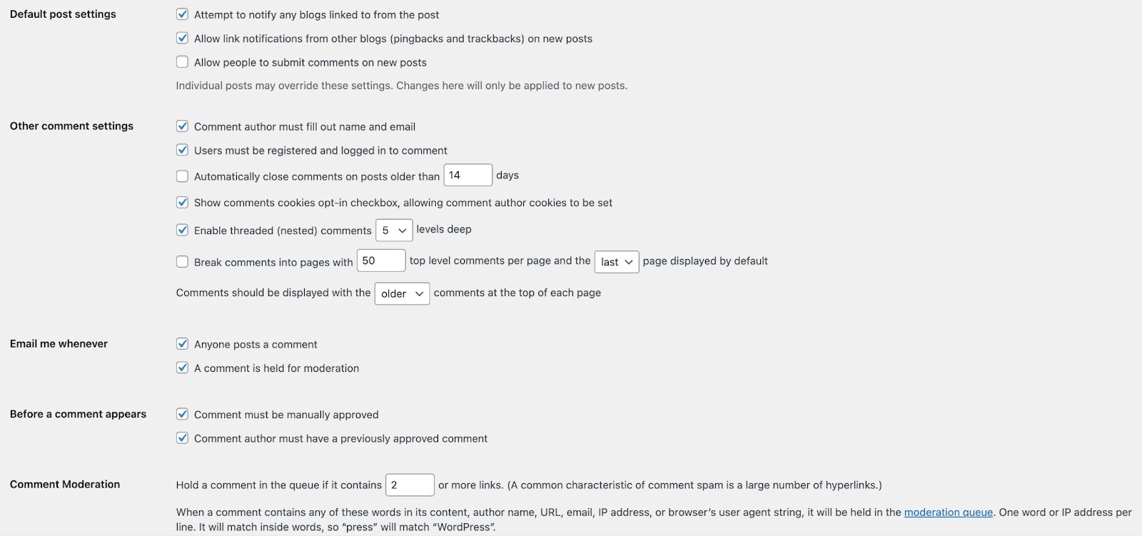 WordPress settings under the discussion area.