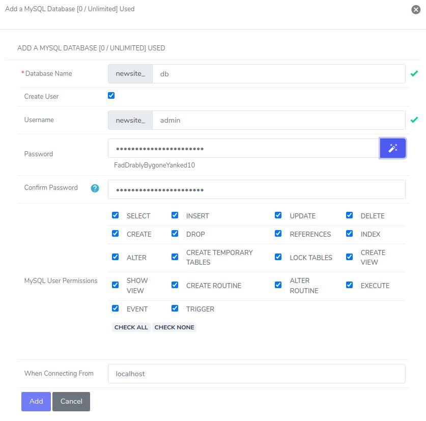 We have created a new SiteWorx account along with a new database and a database users with all permissions.