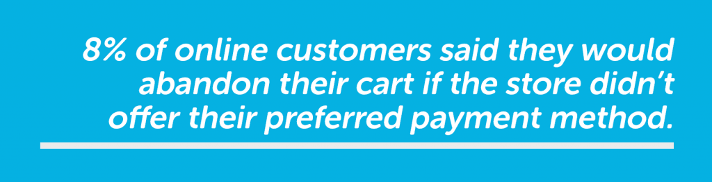 A banner that reads "8% of online customers said they would abandon their cart if the store didn't offer their preferred payment method."