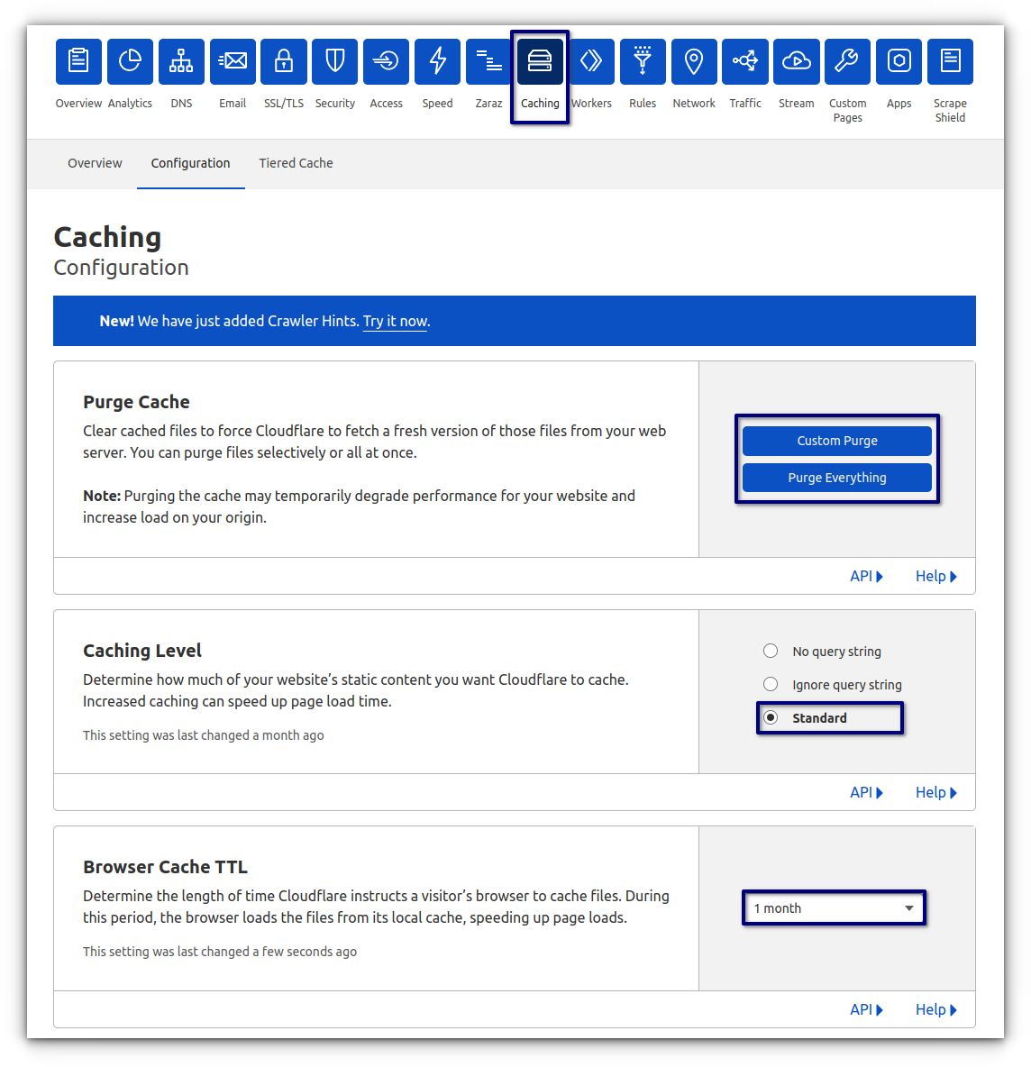 To enable all of the above settings, navigate to the Caching tab > Configuration.