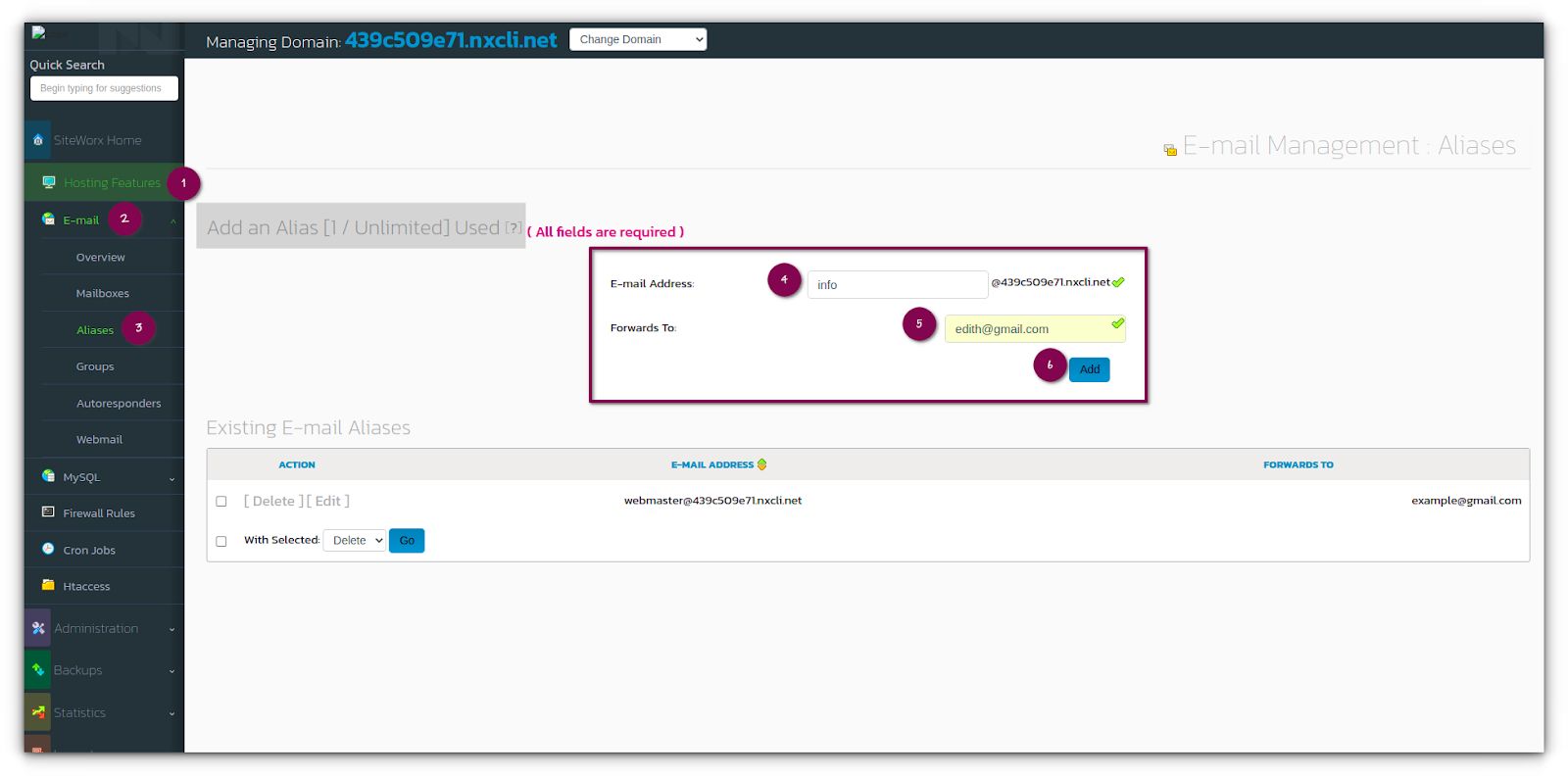 Creating an email alias is a straightforward process: From the SiteWorx main menu, click Hosting Features > Email > Aliases.