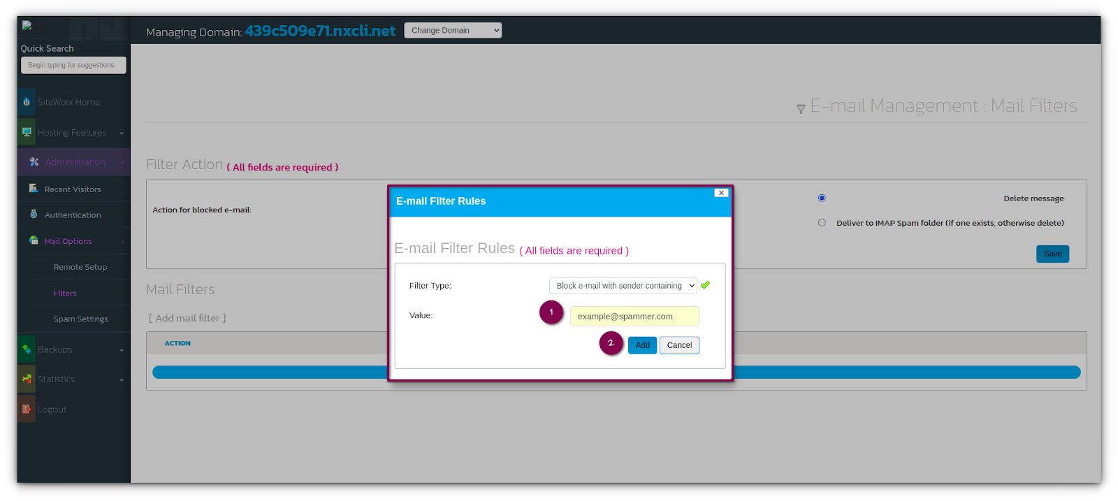 The Email Filter Rules panel appears. In the Filter Type dropdown list, select the Block Email with Sender Containing if it is not already set.